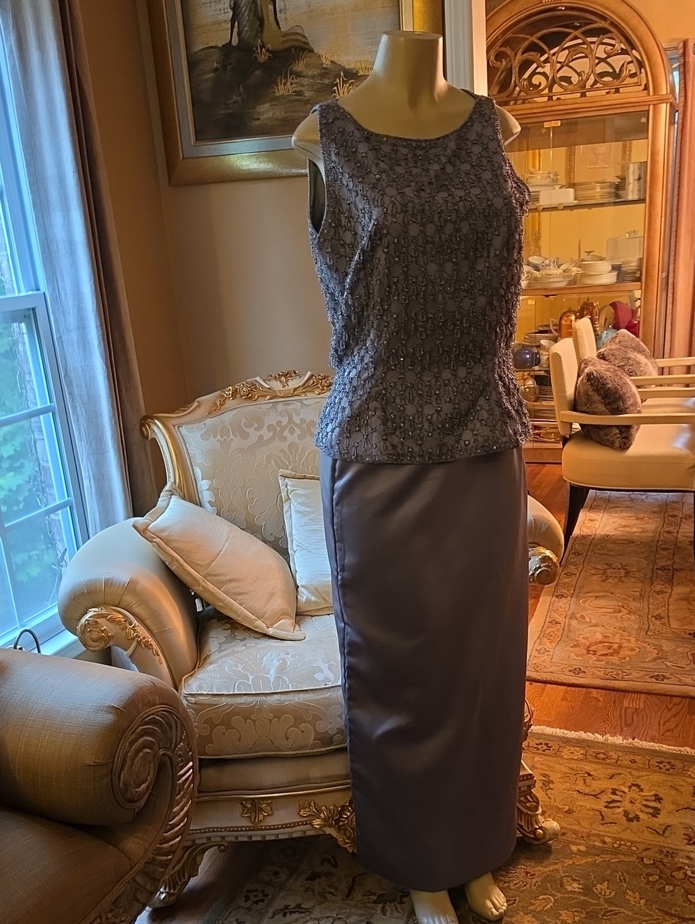 Victoria Royal Ltd Beaded Silver-Gray Maxi Skirt Ensemble